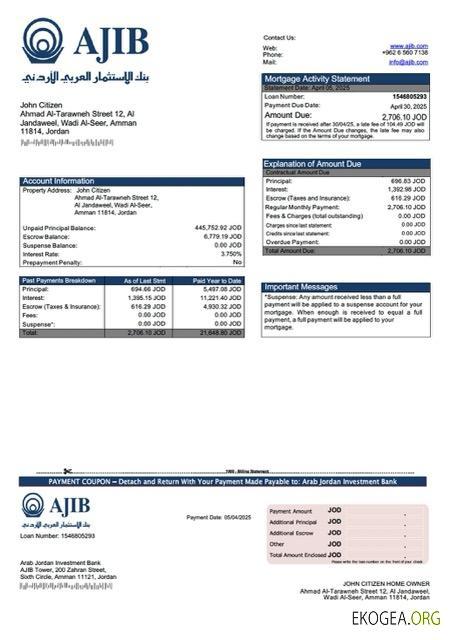 Modèle Word et PDF de relevé hypothécaire de la Jordan Arab Jordan Investment Bank (AJIB)